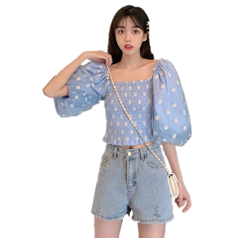 Summer New 2020 Retro Puff Sleeve Embroidered off