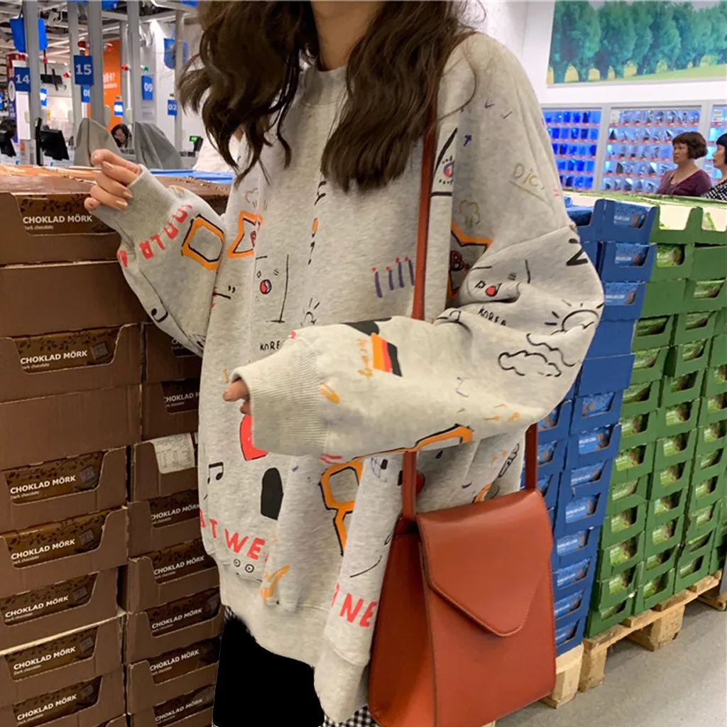Pullover Women Sweatshirt Graffiti Hip-pop Streetwear Tops O-neck Long Sleeve Cartoon Print Jumper Casual Loose Oversized Female