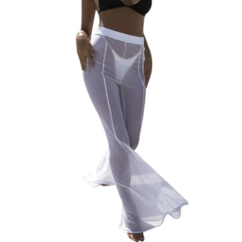 

Sexy Sheer Women See Through Mesh High Waist Flare Wide Leg Pants Transparent Pants Beach Long Party Trousers(White,L)