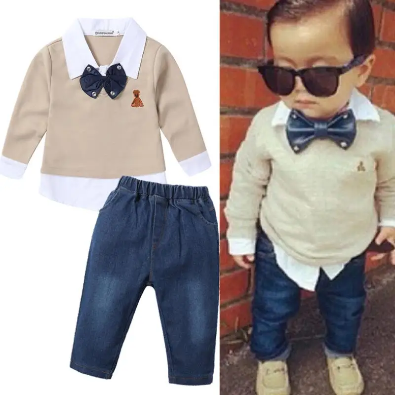 2020 New Children Baby spring and autumn Clothes Set Gentleman Casual Long Sleeve T-Shirt+Jeans 2Pcs/Set Boys Clothing Suit |