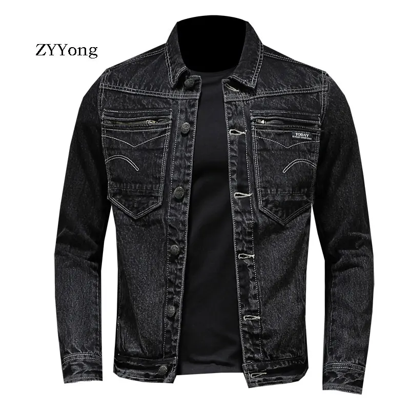 ^*Best Offers Мужская приталенная джинсовая куртка ZYYong, черная джинсовая куртка в стиле ретро, Повседневная хлопковая мотоциклетная куртка с отворотом ^*Best Offers Мужская приталенная джинсовая куртка ZYYong, черная джинсовая куртка в стиле ретро, Повседневная хлопковая мотоциклетная куртка с отворотом