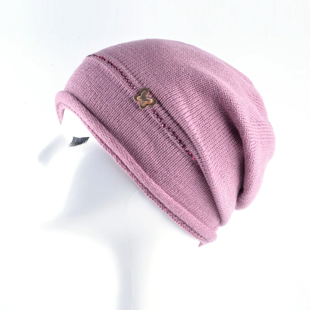 

Hat Women's Woolen Cap Autumn and Winter Double Layer Warm Solid Color Curling Knitted Hat Butterfly Sleeve Cap