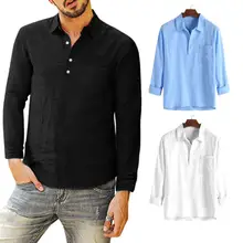 Модные Для мужчин сплошной Цвет на пуговицах, с отложным воротником и карманами рубашка с длинными рукавами Топ