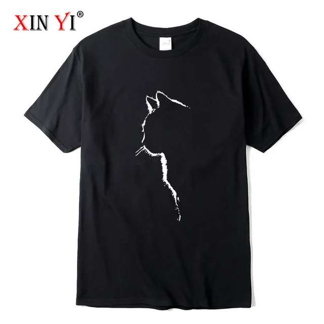 XINYI Men's T-shirt Top Quality 100% cotton short sleeve cool cat print casual loose men t shirt o-neck t-shirt men tee shirts Black-2018312