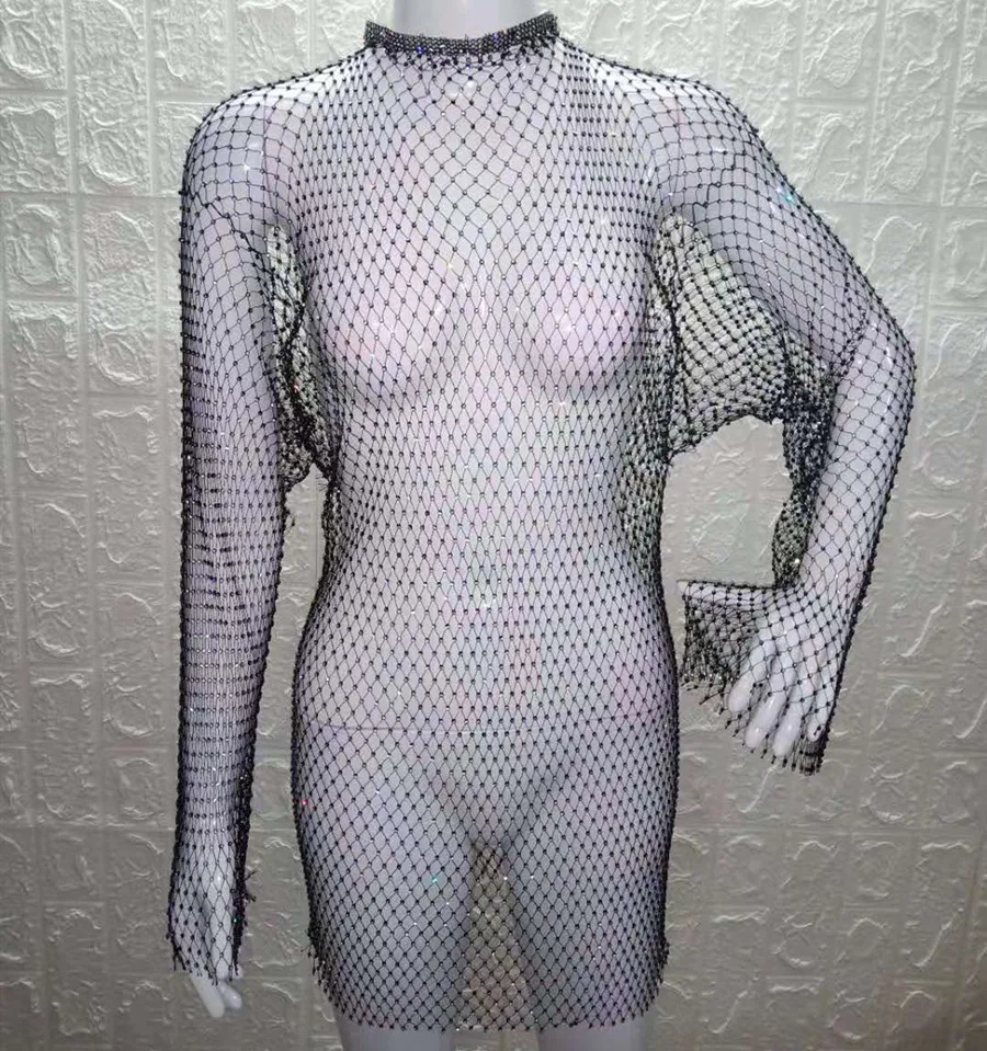 VIKINII Long Sleeve Hollow Summer Beach Crystal Dress 2020 Sexy Women Cover Ups Rhinestone Dresses Gold Beach Female Cover Ups