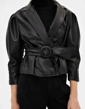 

Winter Black Leather Jacket Women Sashes PU Biker Jacket Motorcycle Faux Leather Coat Female Fur Jackets Fall