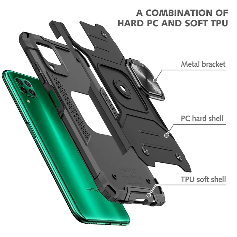 for Huawei P40 Lite Armor Shockproof Case for Huawei P 40 Lite Drop Protective Defender Magnet Holder Ring Case Cover phone belt pouch