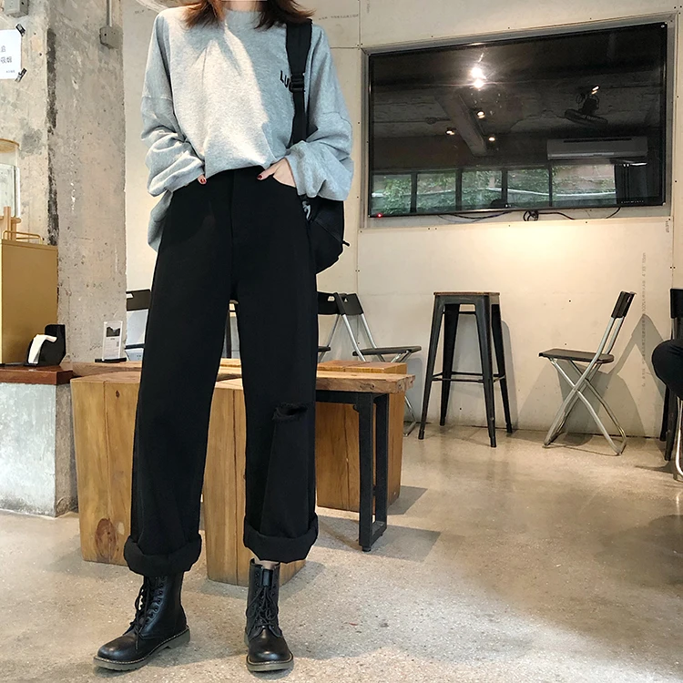S-xl осенние корейские винтажные стильные женские свободные рваные джинсы женские прямые джинсы с высокой талией для женщин(78235
