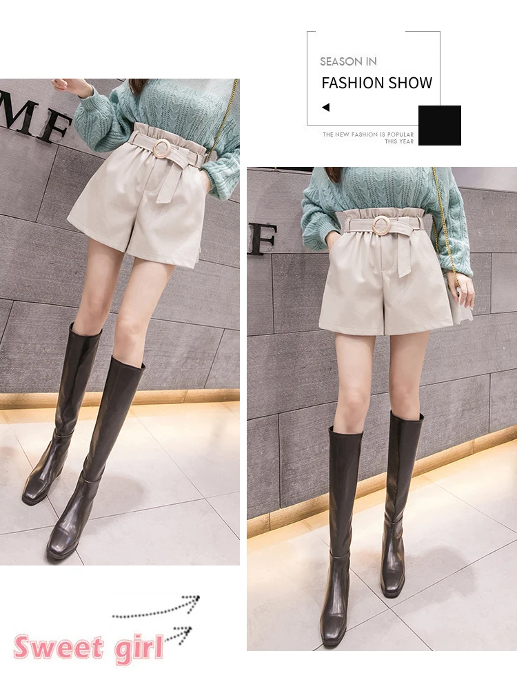 REALEFT Autumn Winter PU Leather Short Belt High Waist Vintage Black Wide Leg Pants Casual Short Pant Female Pocket New