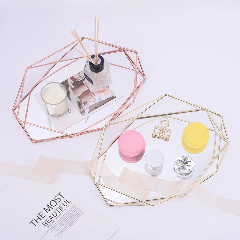  Iron Art Makeup Organizer Glass Base Hexagon Cosmetic Storage Dish Jewelry Nail Polish Lipstick Box