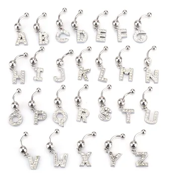 

1Pc Letter Belly Button Ring Rhinestone Alphabet Pendant Navel Body Piercing Jewelry Silver Colour Nombril Piercing Gift Women