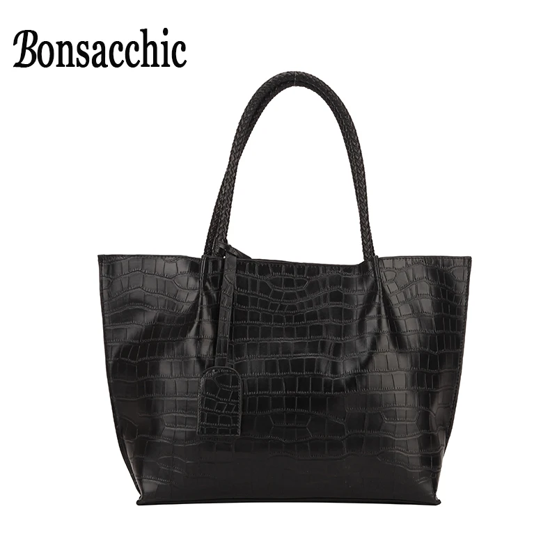 

Bonsacchic Top Handle Black Women's Leather Bags Luxury Brand Alligator Handbags and Purses Female Clutch Big Ladies Hand Bags