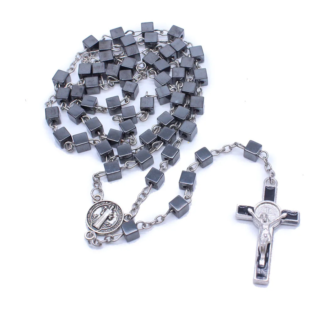 5mm Square Hematite Rosary Long Chain Bead Necklace Male Ms. Prayer Catholic Jesus Christ Cross Pendant Jewelry | Украшения и