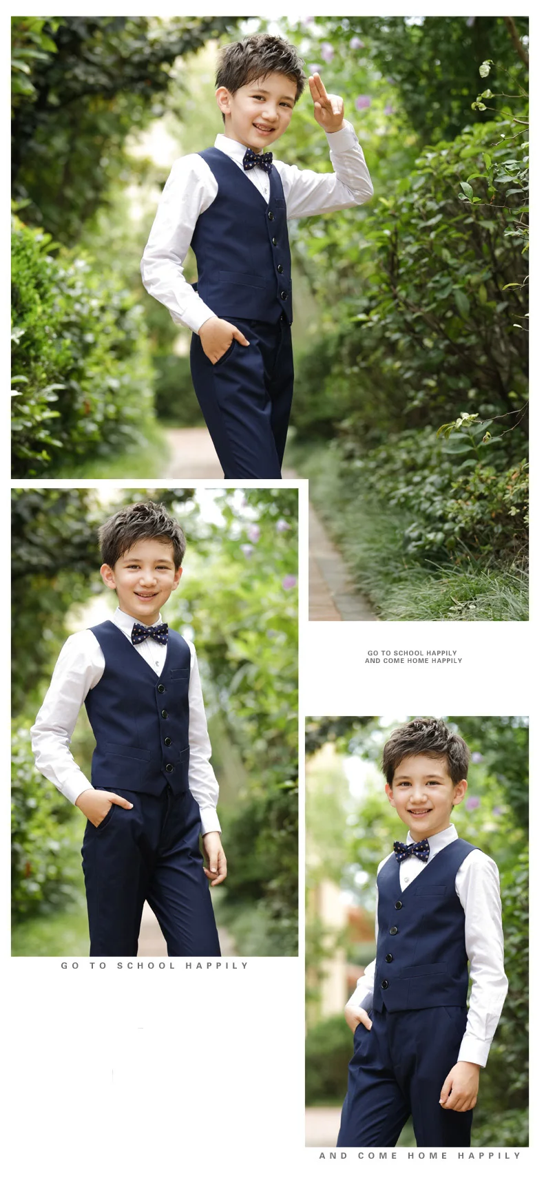 Children Korean Japanese School Uniform for Boys Kid White Shirt Black Pants Waistcoat Vest Tie Clothes Set Student Outfits Suit