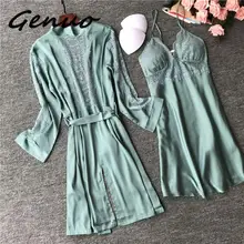 Женский халат и платье, наборы, сексуальные кружевные пижамы для сна, пижама с длинным рукавом, Дамская одежда для сна, халат, ночное платье с накладками на груди