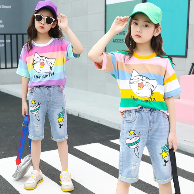 Girls Rainbow Striped T-shirt Summer Outfit Girl Clothes Jeans Shorts Kids Girls 2 Piece Clothing Set 5