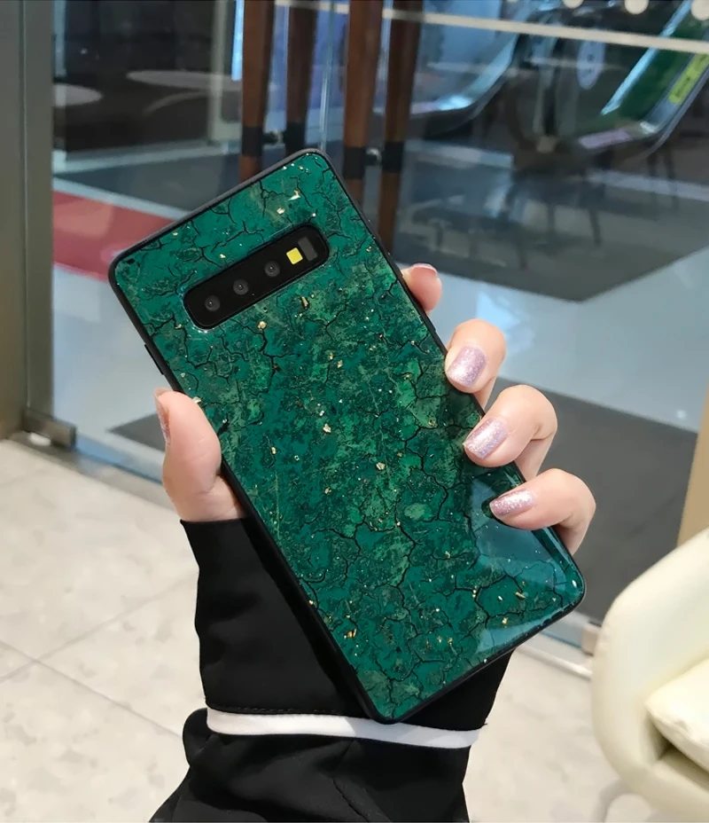 Эпоксидный чехол из золотой фольги с драгоценным камнем для samsung Galaxy S10 Lite S9 S8 Plus S7 Edge Note 9 8 10 Pro A50 A70 с кольцом-держателем - Цвет: Only Case Green