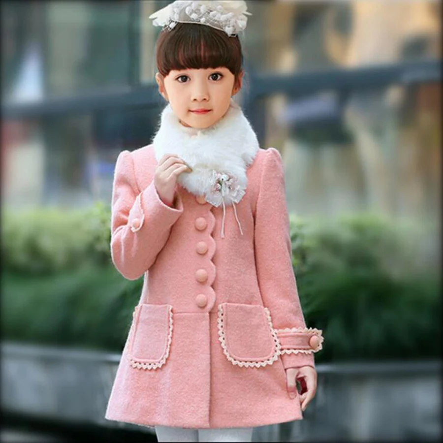 Kids Children girls woolen jacket pink thick big fur collar woolen coat princesses kids autumn winter wedding party clothes