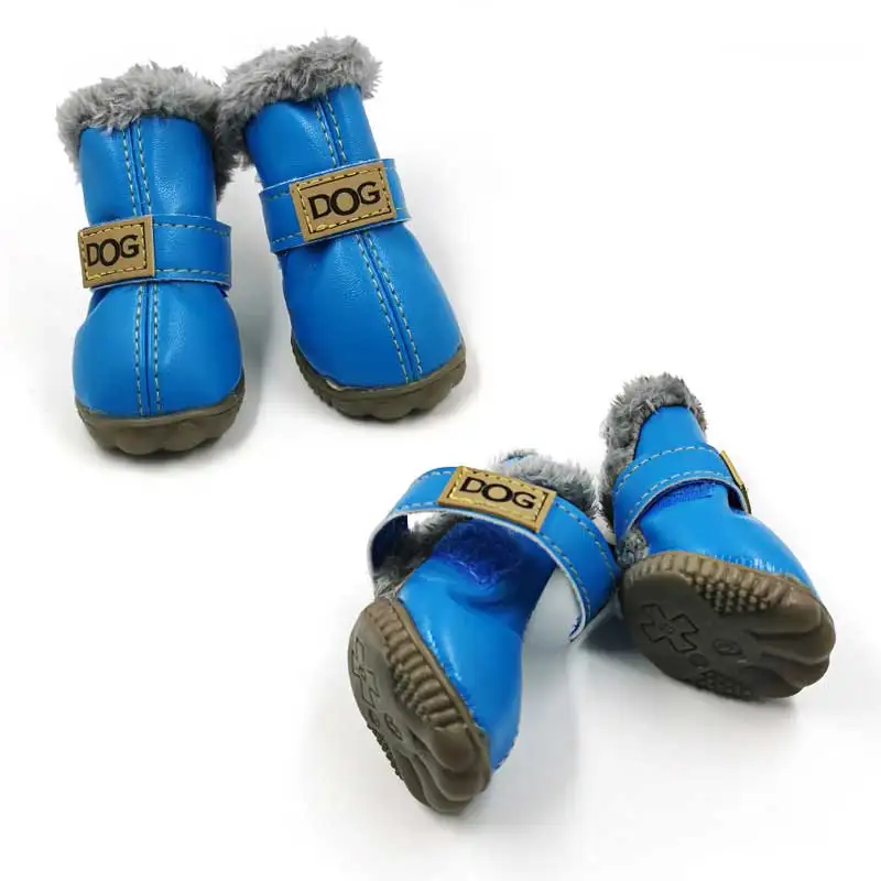 4 шт./компл. зимняя обувь для домашних животных, для маленьких собак, кошек, Супер теплая кожаная зимняя обувь для собак, водонепроницаемая обувь для чихуахуа, мопс, товары для домашних животных - Color: Blue