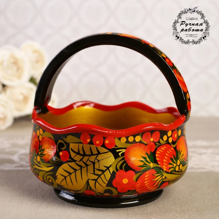 Конфетница Корзинка 14×14×15 см хохлома 4024878 | Дом и сад