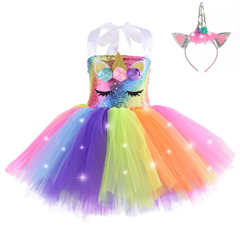 Girl Unicorn Dresses for Girls Tutu Princess Party Dresses with LED Lights Flower Birthday Party Cosplay Costume Girls Clothing girls dress princess costume