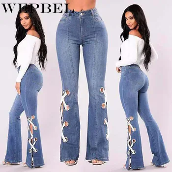 

WEPBEL Women's Jeans Casual Slim Bandage Stretchy Denim High Waist Jeans Long Flare Pants Trousers