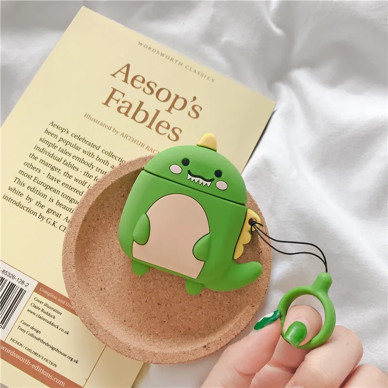 

Cute Cartoon Dinosaur Silicone Cover Wireless Earphone Case For Apple Airpods 1 2 Headphone Case Finger Ring Strap Keychain