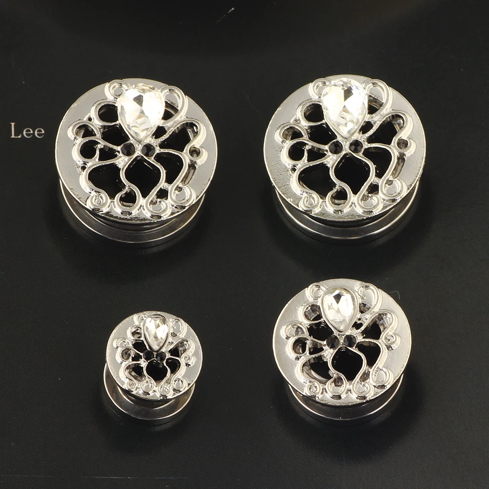 JunlowPY Surgical Steel Double Flared Screw Tunnel Rose Anodized Saddle Stretcher Ear Plugs Single Crystal Earring Piercing