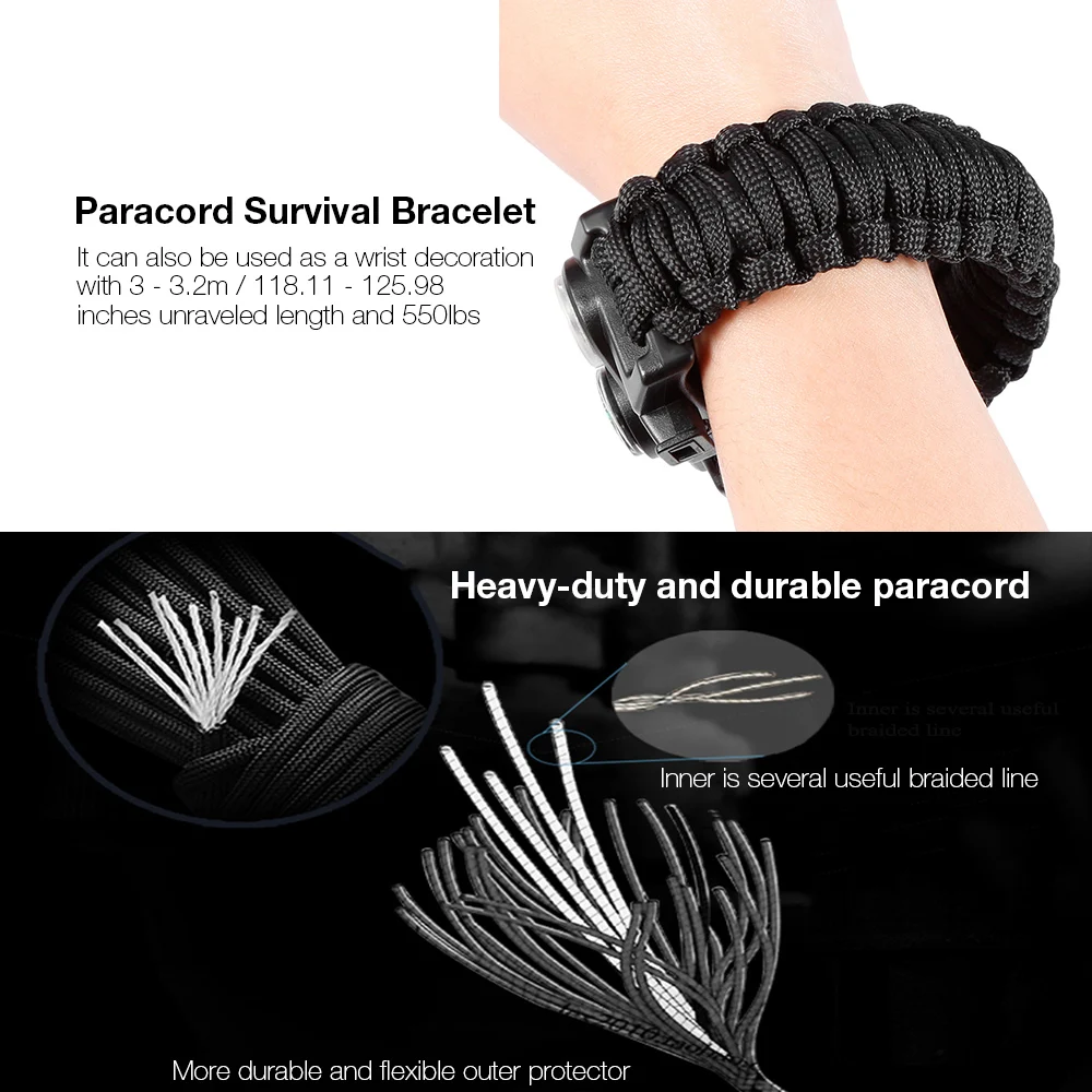 Outdoor Multifunctional Survival Bracelet Paracord Braided Rope Men Camping EDC Tool Emergency SOS LED Light Compass Whistle (2)