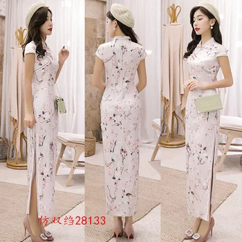 

Mandarin Collar Long Qipao Slim Oversize 4XL Chinese Style Party Prom Dress Sexy Print Flower Cheongsam Vestidos