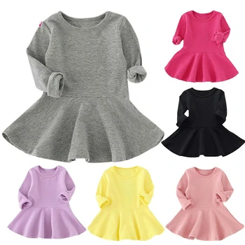 

Spring Autumn Candy Color Cotton Baby Girl Dresses Long Sleeve Solid Princess Dress Bow-knot O-neck Toddler Kids Pleated Dresses