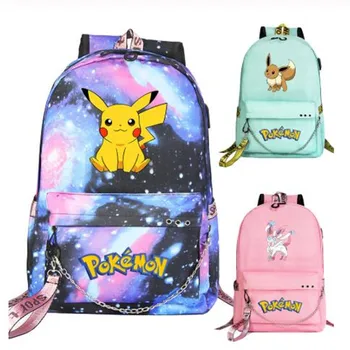 

New Cartoon Pikuchu Eevee Prints Boys Girls Kids School bag Women USB Chain Backpack Canvas Men Bagpack Packsack Bookbag