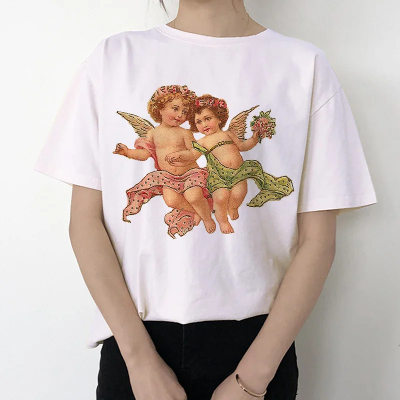 Футболка ангела Женская Kawaii печать 90s модная, с короткими рукавами женская забавная футболка винтажная мода футболка футболки с забавным принтом Ullzang - Цвет: 1049