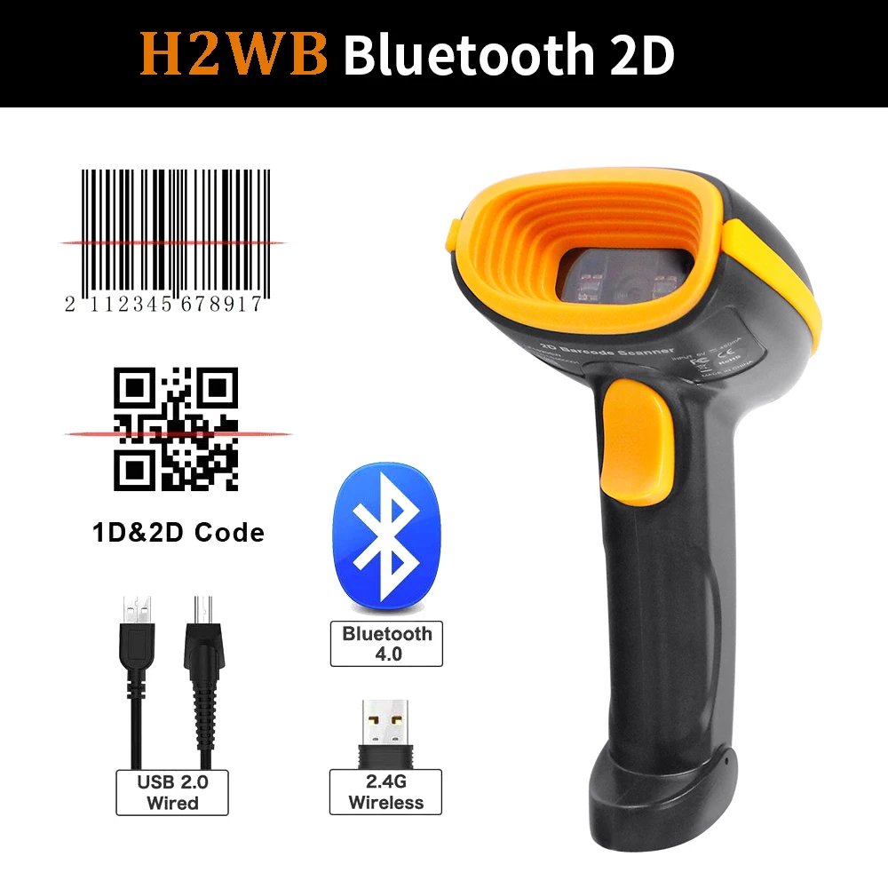 H1W беспроводной 2D сканер штрих-кода и H2WB Bluetooth 1D/2D QR считыватель штрих-кода Sopport мобильный телефон iPad ручной сканер - Цвет: H2WB Bluetooth 2D QR