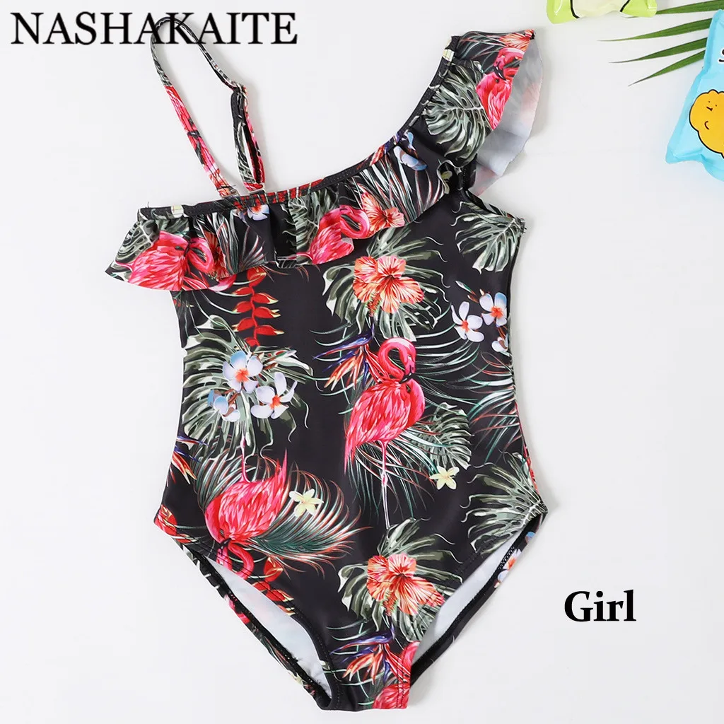 NASHAKAITE купальный костюм для мамы и дочки; Новинка; пляжная одежда на одно плечо с принтом Фламинго; семейный Купальник; купальник для мамы и дочки