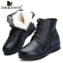 DRKANOL 2021 Women Winter Snow Boots Classic Black Genuine Leather Thick Wool Fur Warm Ankle Boots Low Heel Shoes Women Boots