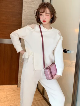 

Niche beaded tassel all-match sweater + casual high-waist corset suit women's 2020 autumn and winter new