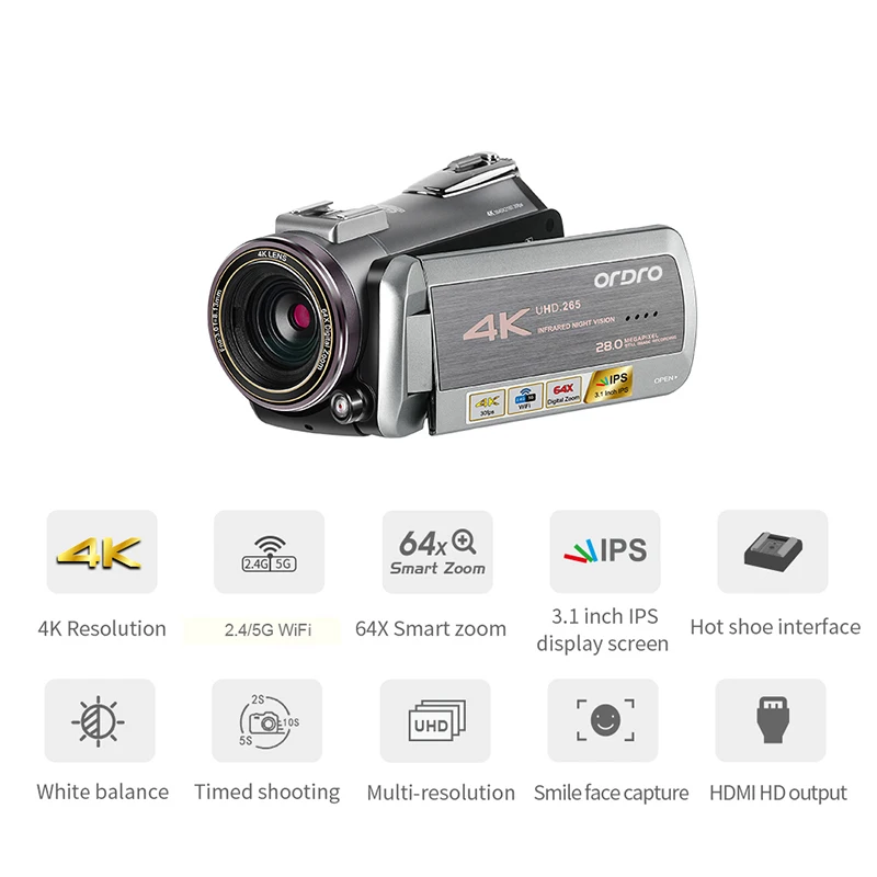 Видеокамера с настоящим 4K Wifi 64X цифровым зумом 30FPS с ночным видением ORDRO AZ50 со стерео микрофоном стабилизатор