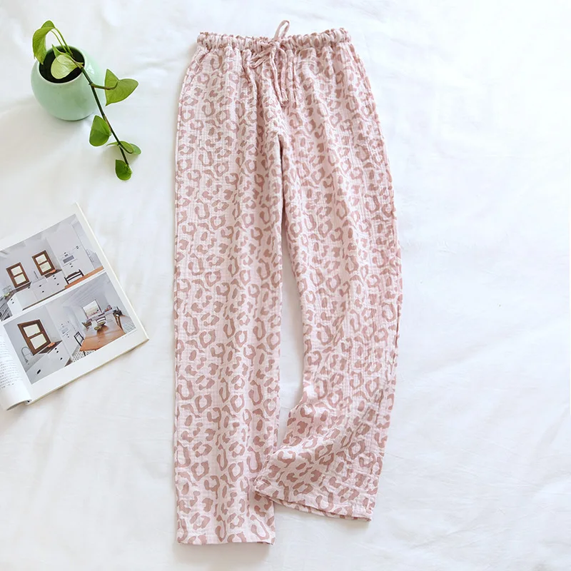 Spring and Summer Women Sleep Bottoms Loose Cotton Crepe Pajama Pants  Fashion Simple Trousers Leopard Lounge Wear Home Sleepwear