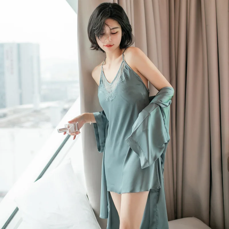 

Spring And Autumn Women's Silk Sexy Lace Slip Nightdress Nightgown Viscose Bathrobe Tracksuit Pajamas Suit
