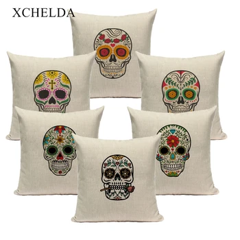 

Fur Linen Cushion Cover Retro Pillowcase Mexico Skull Decorative Designer 45*45 40*40 for farmhouse Bedroom Pillow Case Cotton
