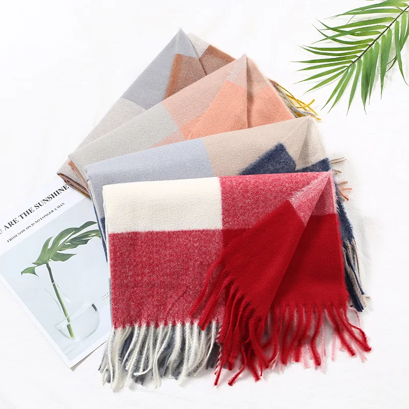 

European And American Streets Faux Cashmere Scarf Autumn & Winter Bristle Mixed Colors Plaid Shawl Zha Mao Tassels Warming Scarf