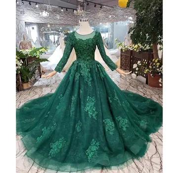 

BGW 3214ht Cheap Evening Dresses With Train Custom Size O-neck Long Sleeves A-line Mother Of Bride Dresses 2020