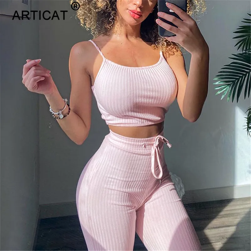 Articat Ribbed Knitted Two Piece Set Women Short Crop Tops And Wide Leg Pants Tracksuit Female Casual 2 Piece Set Fitness Wear Articat Ribbed Knitted Two Piece Set Women Short Crop Tops And Wide Leg Pants Tracksuit Female Casual 2 Piece Set Fitness Wear
