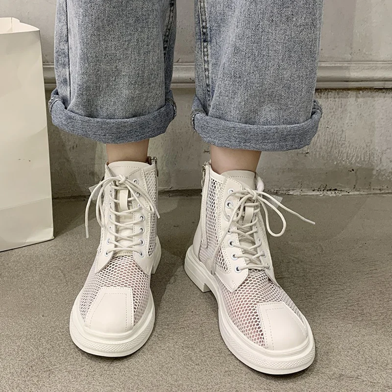 Rimocy hueco de malla de verano botines de mujer transpirable cremallera Casual zapatos de mujer Zapatos de tacón bajo botines bajos blanco