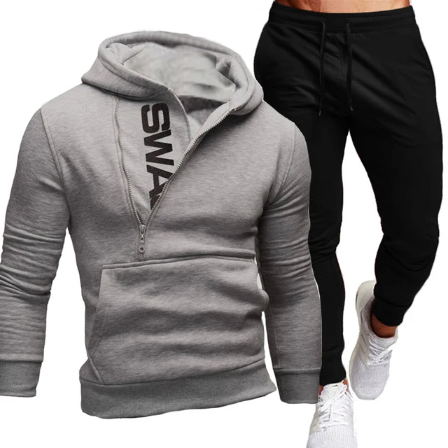 Men's Tracksuit Casual Sport Sets Zipper Hoodies Pants Two Piece Set Hooded Sportswear Fashion Sweatshirt Suit Man Clothing Grey