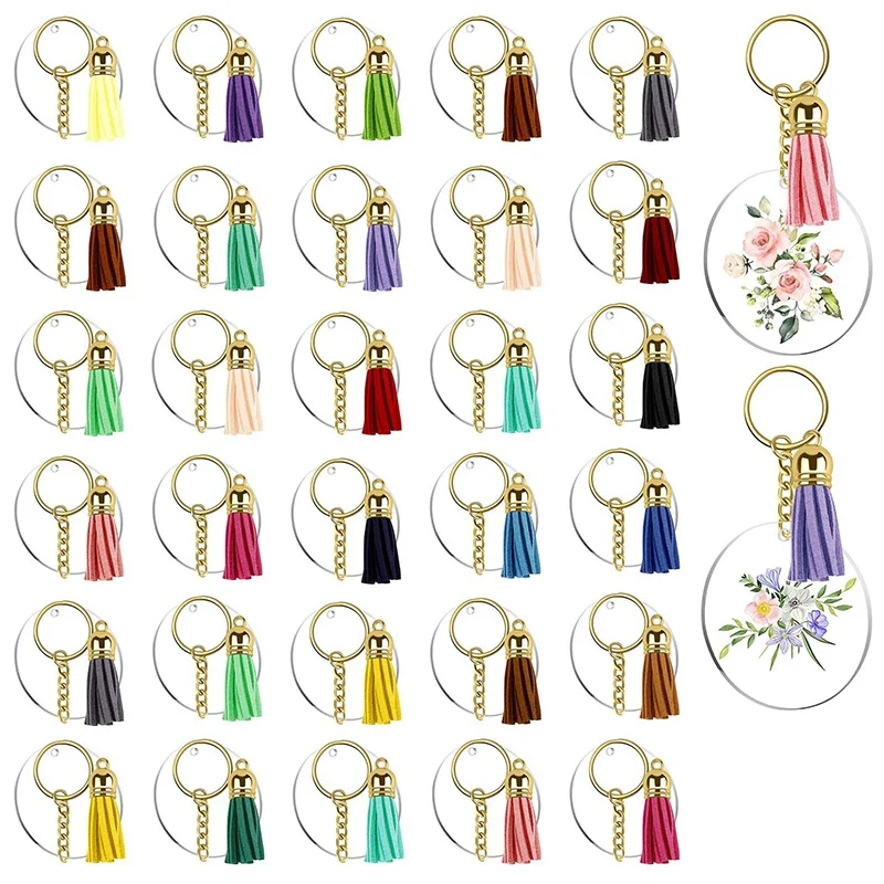 

128Pcs Acrylic Keychain Blanks Clear Circle Discs Key Chain 2 Inch Tassel Pendant Keyring for DIY Projects and Crafts
