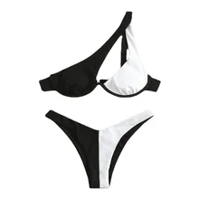 Aliexpress - Bikinis Set  Swimsuit Women  Oblique Shoulder Stitching Contrast Colo  2 Piece Setsr One-shoulder  Low Waist High Elasticity