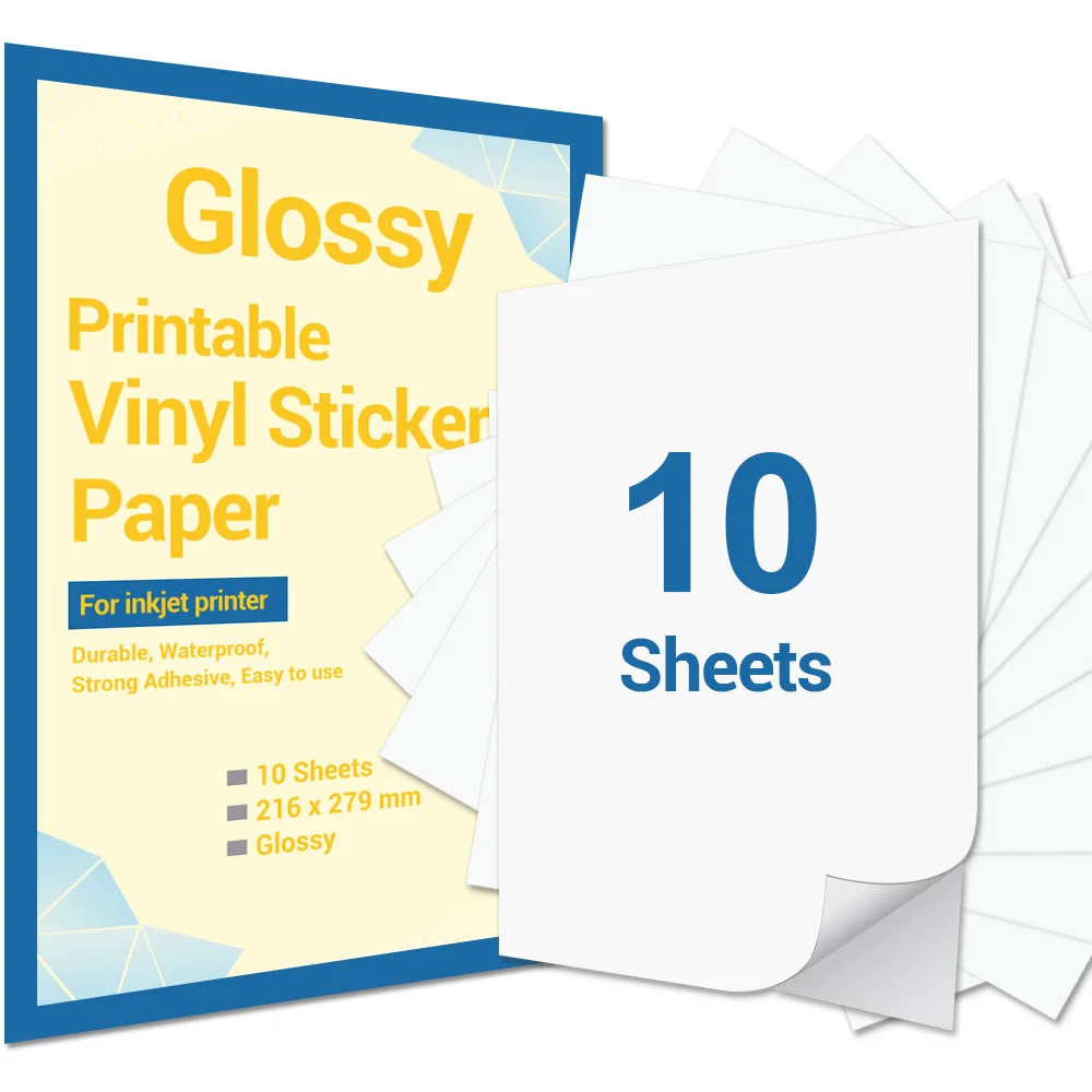 10 hojas de pegatina de vinilo imprimible de papel 216x279mm autoadhesivo brillante Papel de impresora de tinta para impresora de inyección de tinta DIY calcomanías, regalo de artesanía