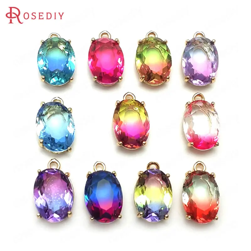 

6PCS 17x10MM 24K Champagne Gold Color Brass and Glass Colorful Rainbow Style Oval Shape Charms Pendants Diy Jewelry Accessories
